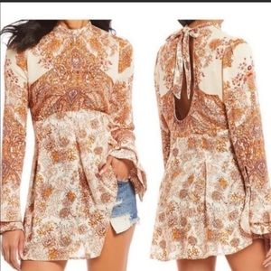 Free People “Lady Luck” Floral Orange Cream Boho Mini Dress Tunic